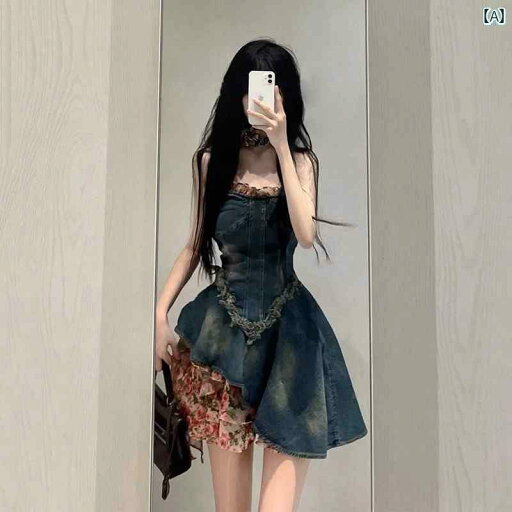 デニム スカート レディース 夏の 女性用 ホット ガール チューブ トップ デニム ドレス ハイエンドな ウエスト 丈 スリム 小柄 ふわふわの レトロ ショート スカート デニム スカート レディース 夏の 女性用 ホット ガール チューブ トップ デニム ドレス ハイエンドな ウエスト 丈 スリム 小柄 ふわふわの レトロ ショート スカート