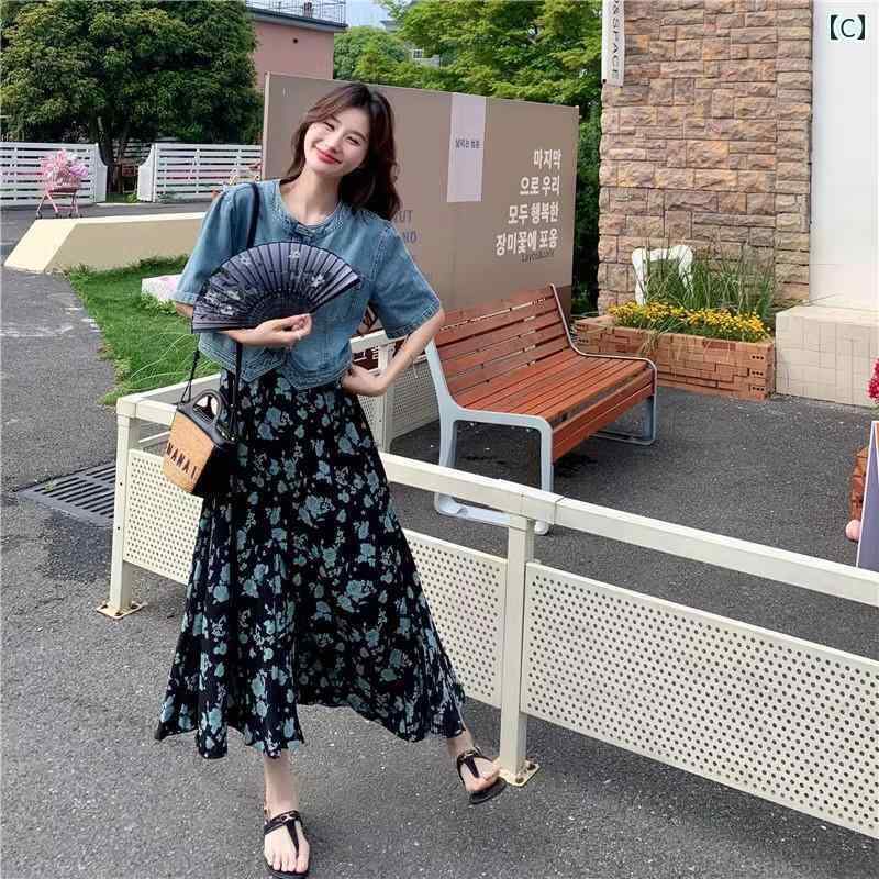 デニム　スカート　レディース フランスの 花柄 サスペンダー ドレス 2 点 セット レディース 2024 夏 スタイル な デニムベストを 着用 する 完全な