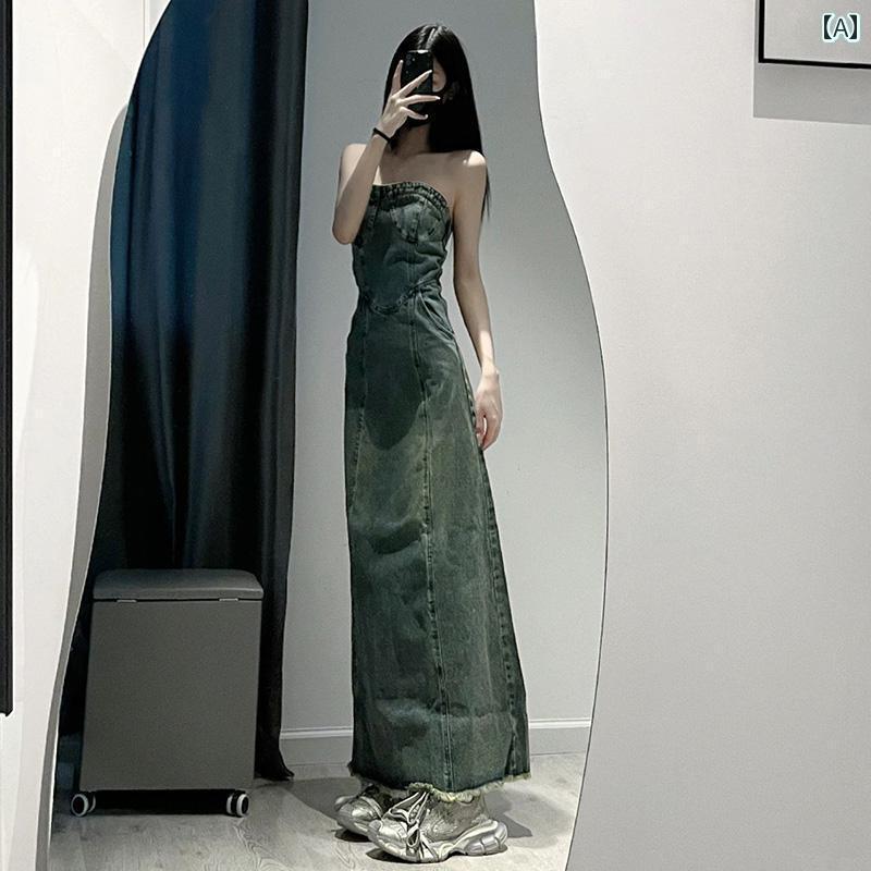 デニム　スカート　レディース フランスの レトロ 高級 チューブ トップ デニム ドレス 女性用 夏の スリムフィット ホット ガール aライン ロング スカート