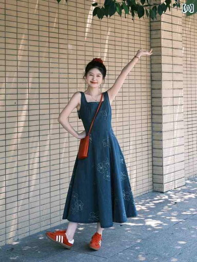 デニム スカート レディース レトロ ニュー チャイナ 風 刺繍 ノースリーブ ストラップ デニム ドレス レディース サマー スクエアネック ウエスト サスペンダー ロング スカート デニム スカート レディース レトロ ニュー チャイナ 風 刺繍 ノースリーブ ストラップ デニム ドレス レディース サマー スクエアネック ウエスト サスペンダー ロング スカート