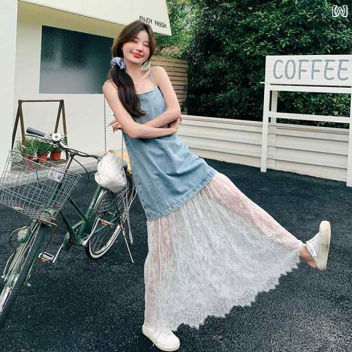 デニム スカート レディース レディース レースの スプライシング デニム サスペンダー ドレス の 夏の スタイル な 非常に 美しい フランスの ロング スカート デニム スカート レディース レディース レースの スプライシング デニム サスペンダー ドレス の 夏の スタイル な 非常に 美しい フランスの ロング スカート