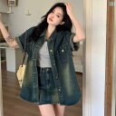 デニム スカート レディース 夏服 一式 やや 太め mm 大きいサイズ スリム ファッション 高級 デニムシャツ ハーフ スカート ツーピース セット