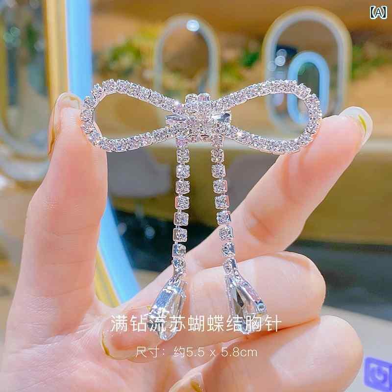 アクセサリー　シュシュ　ピン 和風の 高級 フル ラインストーンリボン ブローチ タッセル ピン スーツ..