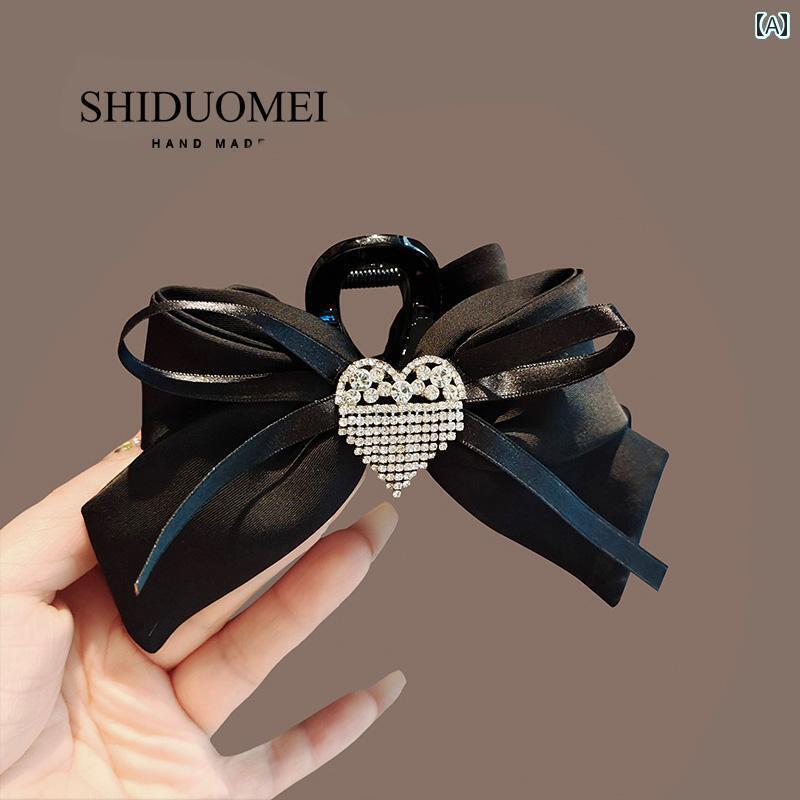 アクセサリー　ピン　ヘア ハイエンド 黒の 布 リボン クリップ ラインストーンの ハート型 ヘア ピン ..
