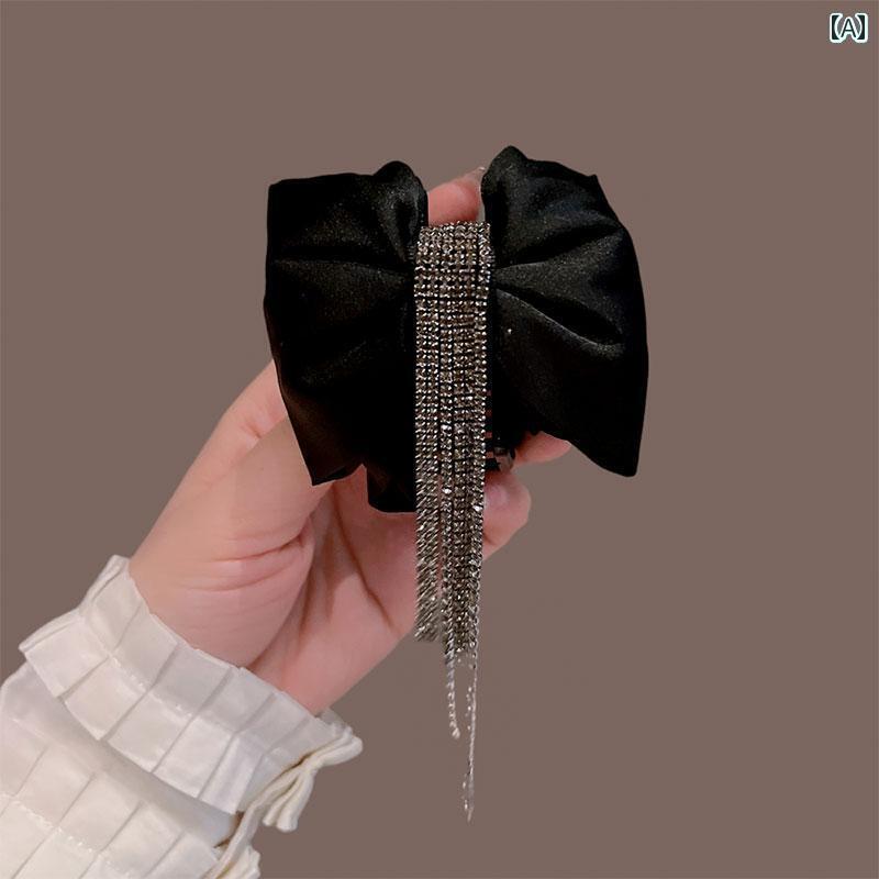 アクセサリー　ピン　ヘア 高級 ブラック サテンリボン ラインストーン タッセル ヘア ピンシャー クリ..