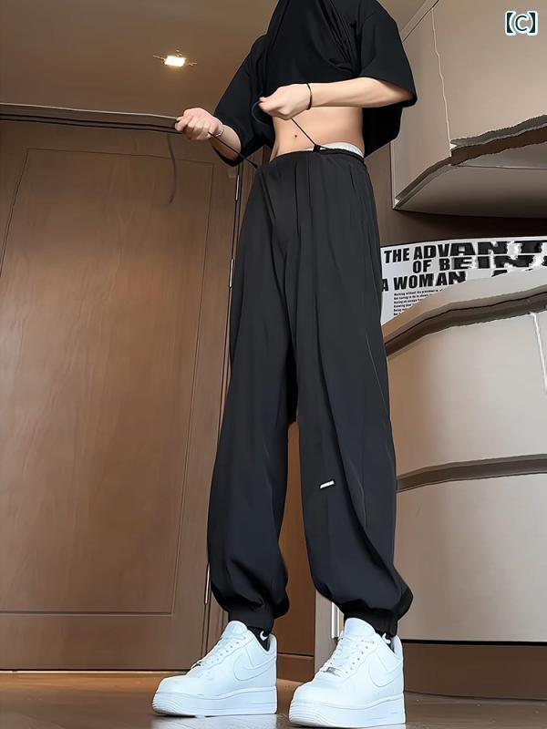 メンズ　ズボン　夏用 クリーン フィット ブラック アメリカン 速乾 パンツ メンズ 春夏 ドレープ 冷感 ゆったり 袖口 九分丈