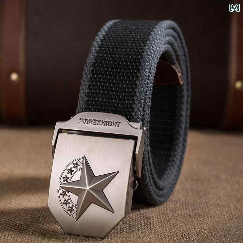 メンズ　ベルト　バックル レッド スター 五芒星 合金 自動 バックル メンズ 厚手 長め キャンバス ベルト レジャー 編み