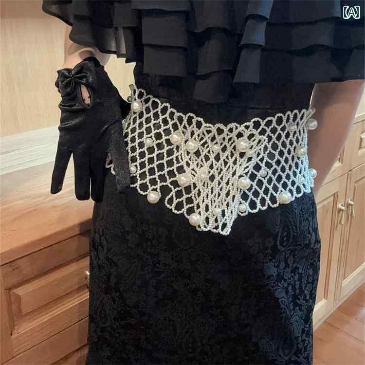 レディース　ベルト　チェーン クリア 彼女は 様々な スタイルを 持っています フランスの 重厚な の パール メッシュ 織り ウエスト ベルト