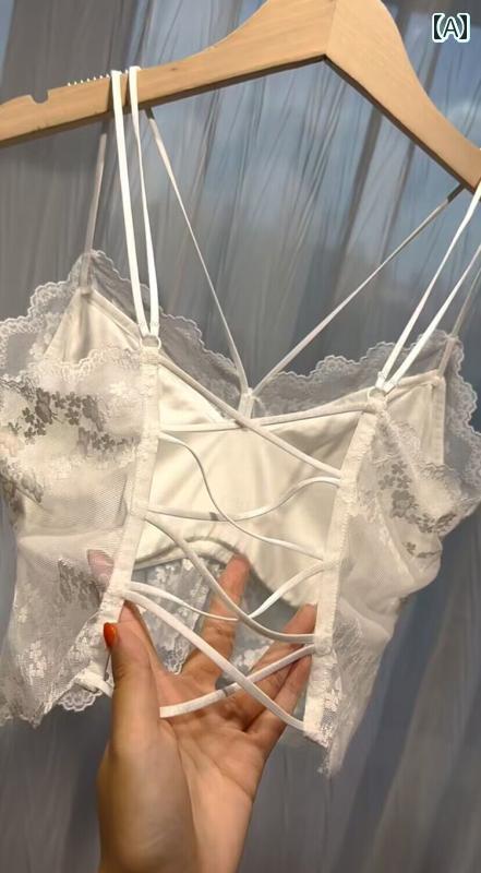 女性　下着　薄型 2024 春夏 レディース フレンチレース セクシー クロス ストラップ スチール リング なし 取り外し 可能 ギャザー ショート サスペンダー 美しい バック(4)