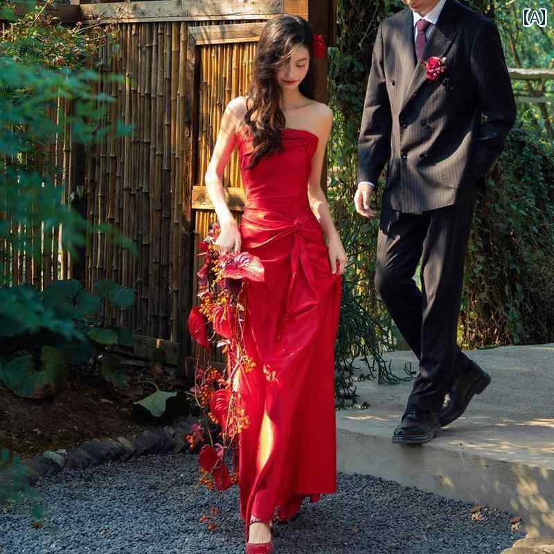 赤いドレス　レディース フレンチトースト ドレス 花嫁の 赤い モーニング 女性用 高級 軽い 婚約 結婚式 フィッシュ テール チューブ トップ スカート(4)