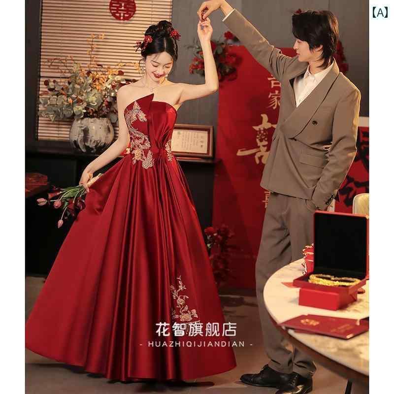 赤いドレス　レディース 中国 トースト ドレス 花嫁 2025 赤い 高級 婚約 パーティー スカート 女性 結婚 夏