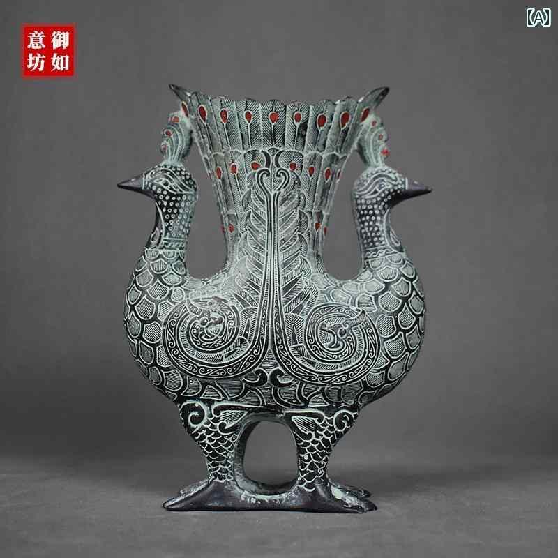 アンティーク 雑貨 飾り アンティークブロンズ 装飾品 ブロンズ ダブル フェニックス カップ ワイン ジャー 縁起の 良い 鳥の 花瓶 アンティーク 装飾 花 ペンホルダー