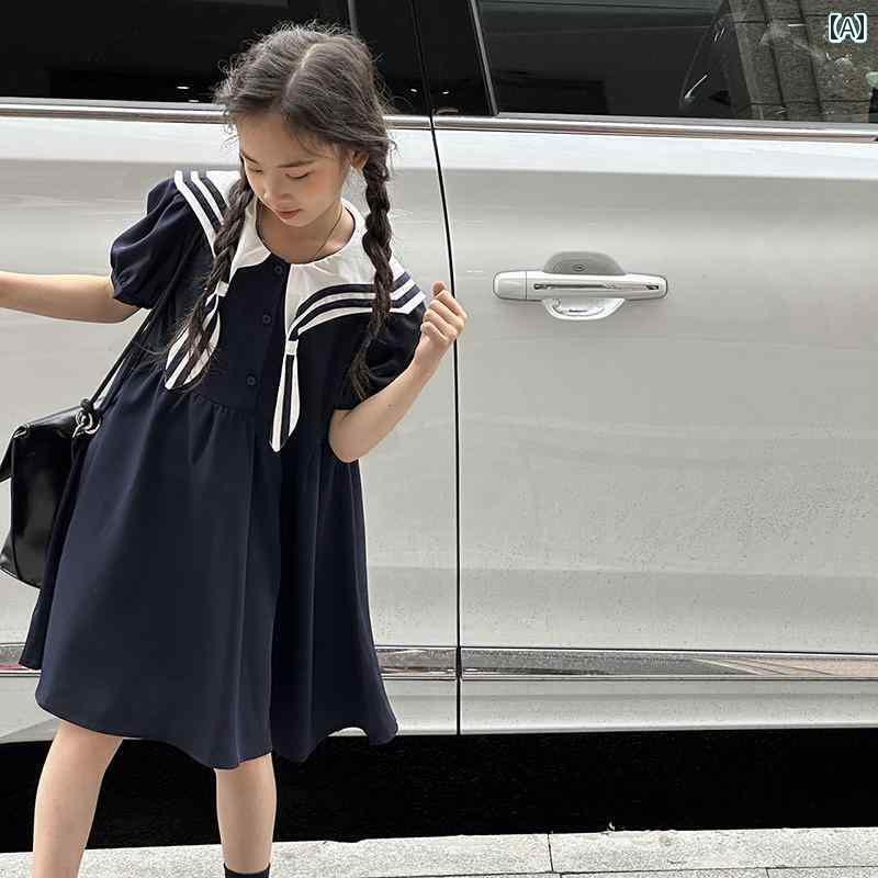 子供服　カジュアル　かわいい ボラ 韓国 子供服 女の子 ネイビーカラー ドレス 夏 子供の プリンセス ..