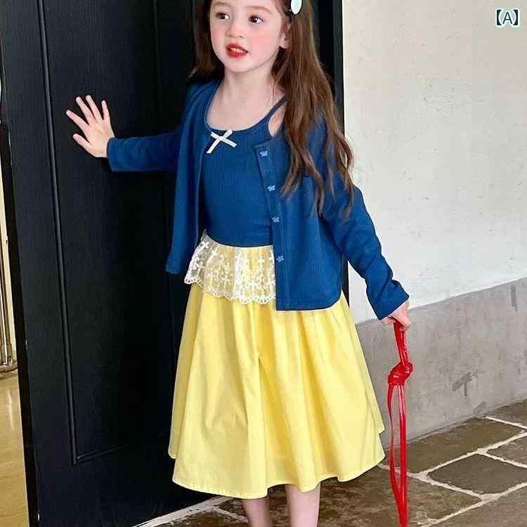 子供服 カジュアル かわいい バラ 韓国 子供服 女の子 ニット トップス ツーピース スーツ 春夏 コート サスペンダー レース スカート 3点