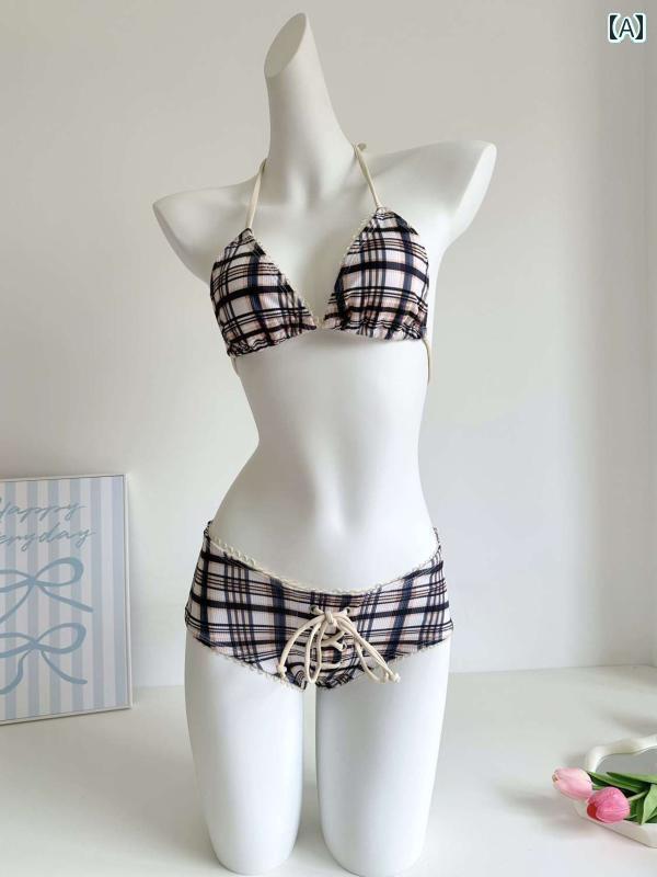 ビキニ　水着　レディース ファン ユアン 同じ 高級 海辺の ビーチ バケーション 胸 パッド 付き小 チェック 柄 ストライプ ビキニ 3点 水着