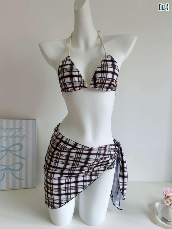ビキニ　水着　レディース ファン ユアン 同じ 高級 海辺の ビーチ バケーション 胸 パッド 付き小 チェック 柄 ストライプ ビキニ 3点 水着