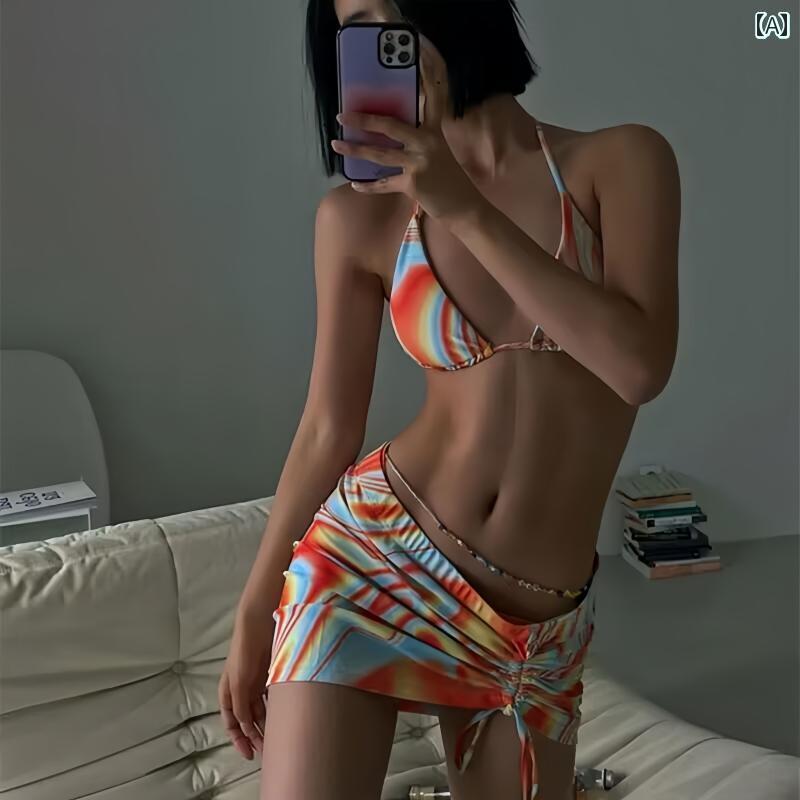 ビキニ　水着　レディース レディース 水着 カラフル 波型 ビキニ 貧 乳 プッシュアップ 分割 スリーピース ビーチ リゾート 温泉
