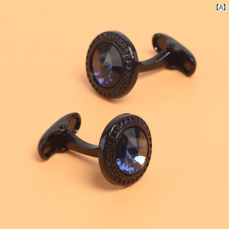 カフス ボタン シャツ 男性用 ラウンド フレンチ シャツ カフスボタン ブラック サファイア ラインスト..