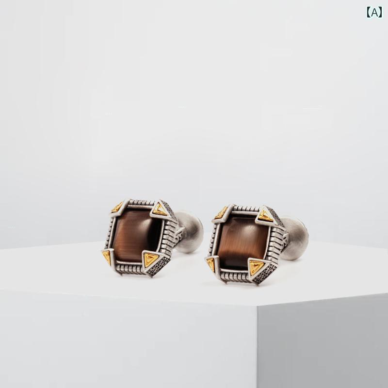 カフス ボタン シャツ マシ ドゥ 風 アンティークシルバー 手 彫り カフスボタン キャッツアイ ストーン ターコイズ ブローチ ピン スーツ カラー アクセサリー