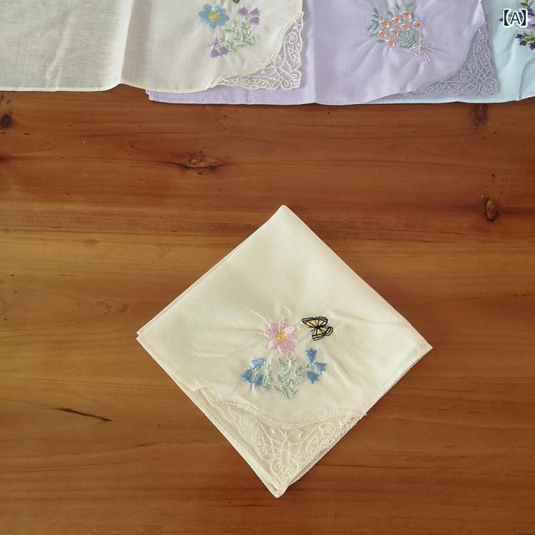 ハンカチ　ハンドタオル 蝶の 花の 刺繍 レース コーナー 無地 ハンカチ 綿 レディース レトロ スタイル 汗 拭き 小さい 正方形 タオル