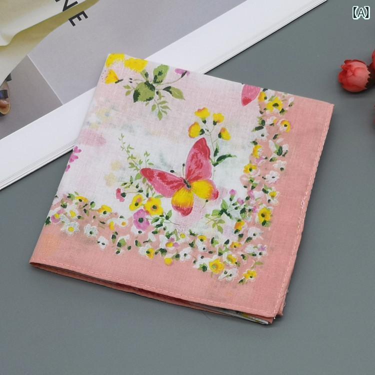 ハンカチ　ハンドタオル 女性用 プリント 綿 ハンカチ 懐かしい 昔ながらの 汗 拭き タオル 大きい 四角い 薄手の 汗を 吸収 する 古風 布 高齢者向け