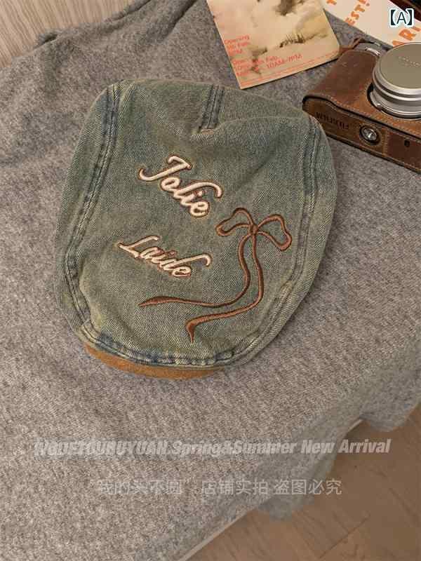 カウボーイ　レディース　帽子 【 私の 頭は 丸くない】 リボン 刺繍 ウォッシュデニム フォワード ハット レディース 夏用 顔 出し 小さめ ベレー 帽