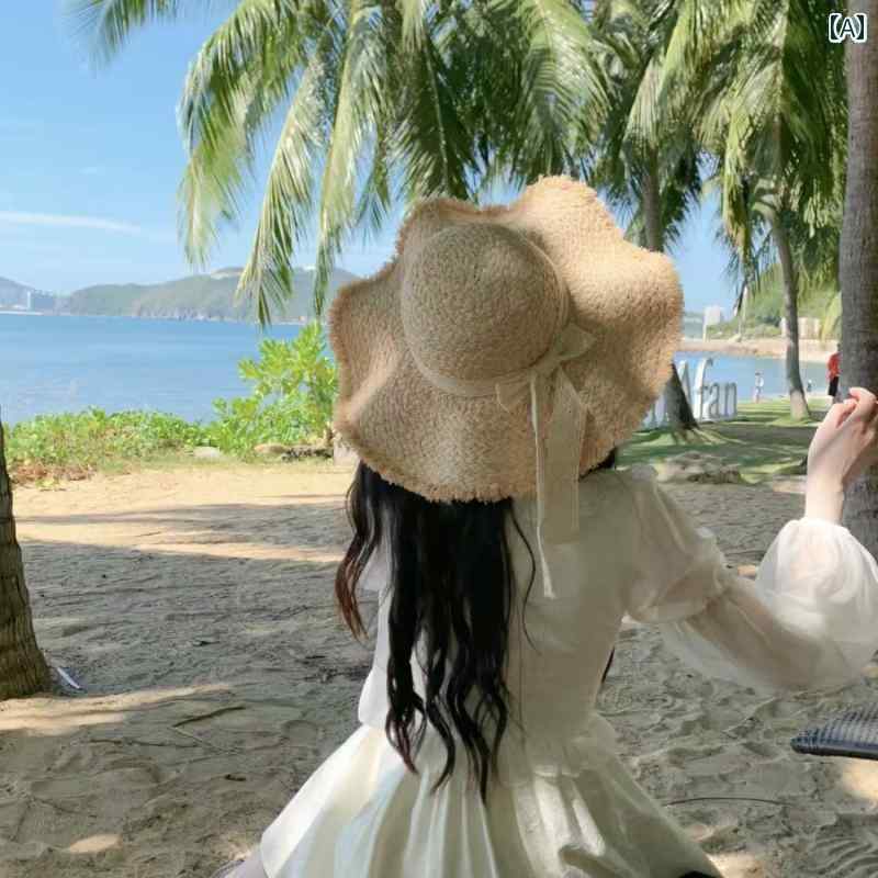 麦わら帽子 レディース かわいい 癒しの 装い 写真 レースの つば 広の 波型 ラフィア 麦わら 帽子 女性用 夏用 ファー エッジ ビーチ サンハット