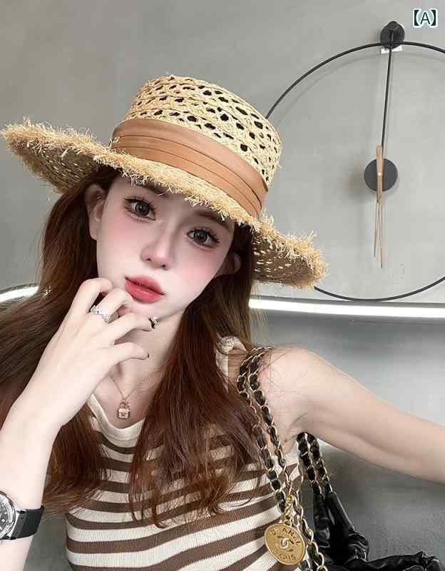 麦わら帽子　レディース　かわいい 麦わら 帽子 レディース 夏の ラフィア フレンチ フラット トップ 太陽の 海辺の 休暇の つば 広の 帽子の