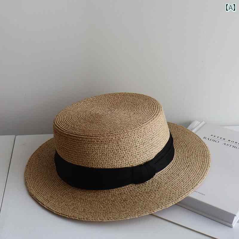 麦わら帽子 レディース かわいい 春夏 ラフィア フラット トップ 麦わら 帽子 レディース シルク 麻 シンプルで 軽い 高級 つば トップハット わら 編み込み サンバイザー サンハット 夏