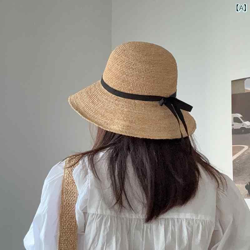 帽子　麦わら　レディース 芸術的な 弓の 麦わら 帽子 ラフィアの 手編みの バケット ハット つば 広の 日よけ 休暇