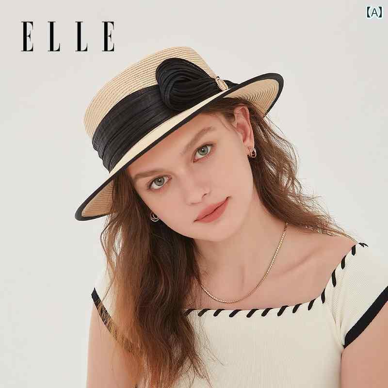 楽天SEIYUショップ麦わら帽子　レディース ELLE フレンチ フラット トップ 麦わら 帽子 レディース 夏 ビーチ 日焼け防止 つば 広 サンハット 田園 風 スタイル