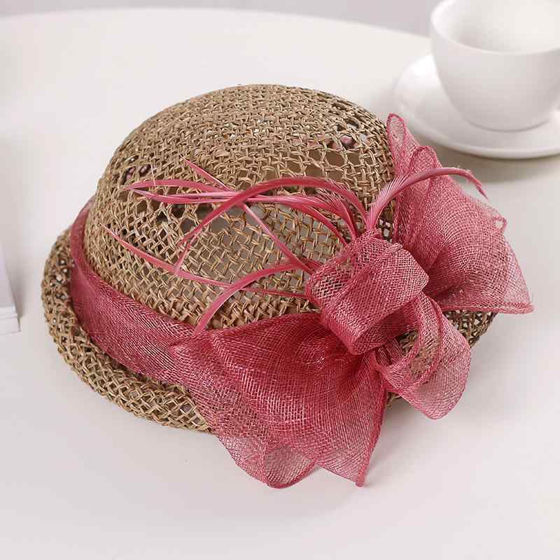 麦わら帽子　レディース エレガントな リネンの リボンフラワー 麦わら 帽子 の 塩 草 編みの ベレー ..