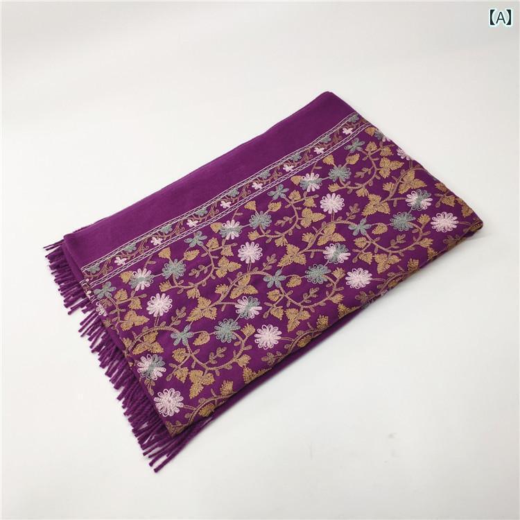 スカーフ　おしゃれ レディース 秋冬 メープルリーフ 刺繍 ウール ベルベット スカーフ レディース エ..