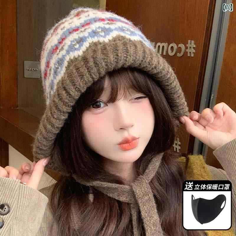 レディース カジュアル 帽子 フェアアイル スタイルの ニット 帽、 女性用 冬用 バラクラバ ハット、 ..