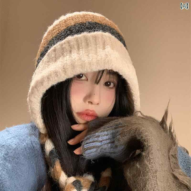 レディース カジュアル 帽子 韓国の ストライプニット 帽 ウール 帽子 レディース 冬 厚手 バラクラバ 帽子大きな 頭 囲 暖かい 耳 保護 帽子
