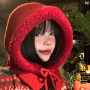 レディース カジュアル 帽子 赤い バラクラバ 女性 冬 プラス ベルベット 肥 厚 ニット 帽 耳 保護 ウール 帽子と スカーフ 統合 新年|詳細画像
