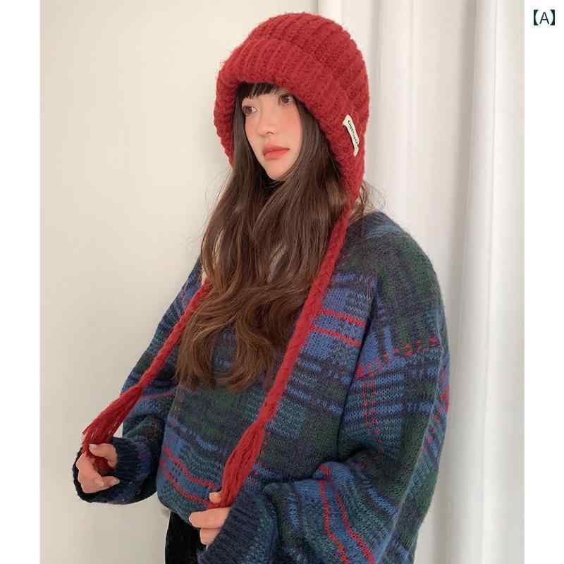 レディース カジュアル 帽子 新年の 赤い 耳あて バラクラバ 帽子 レディース 秋 冬 新作大きな 頭 囲 暖かい ニット ウール 帽子 トレンド