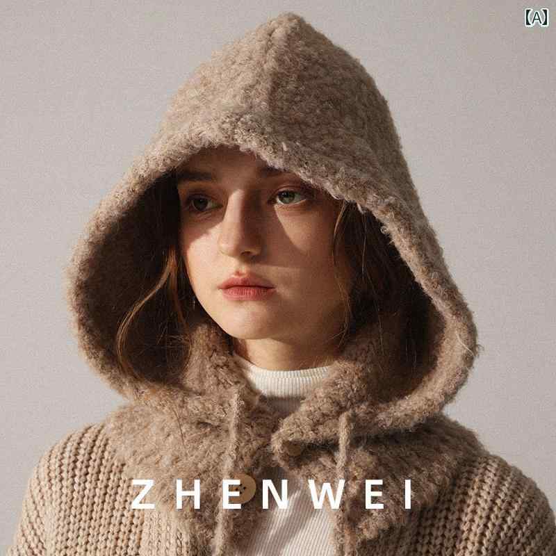 レディース 可愛い 帽子 バラクラバ ニットの大きな 頭の ウール 帽子、 女性の 冬の 防寒 帽子、 ネック カバー、 ネック スカーフ 帽子、 フード 付き スカーフと 一 体型