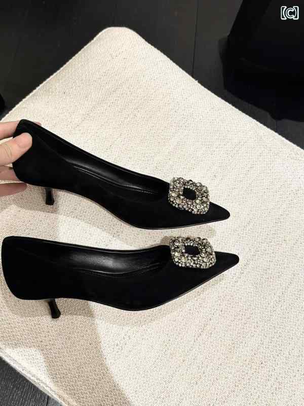 女性用 ハイヒール サンダル 黒 ハイヒール レディース 2024年 新作 尖った つま先 羊毛 ラインストーン スクエアバックル 万能 スティレット ソフト ソール シングル シューズ スカート 付き