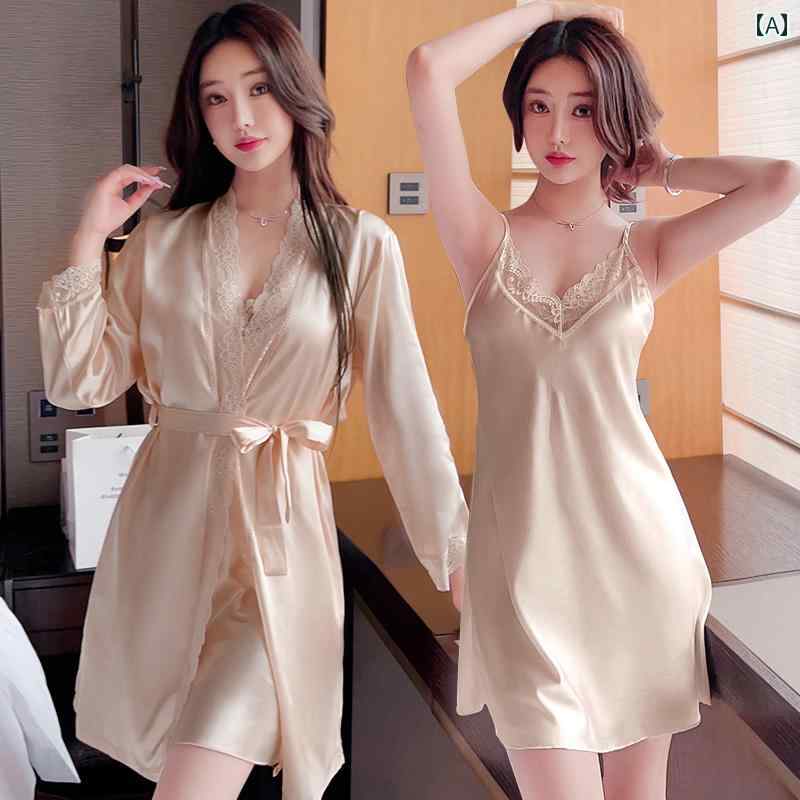 シルクパジャマ レディース 2025年 新作 ナイト ドレス レディース 春秋 夏 薄手 セクシー アイス シルク ナイトガウン ピュア デザイア スタイル ハイ エンド レース サスペンダー パジャマ