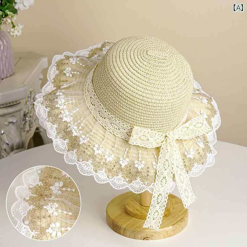 子供用 帽子 麦わら 帽子 女の子の 夏用 編み込み 麦わら 帽子、 レース サンハット、 子供用 ビーチハ..
