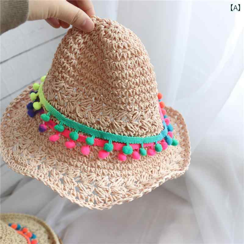 子供用 帽子 麦わら 帽子 Rice Baby ins 韓国 風 トレンド 帽子 タッセル 蛍光 色 子供用 旅行用 サン..