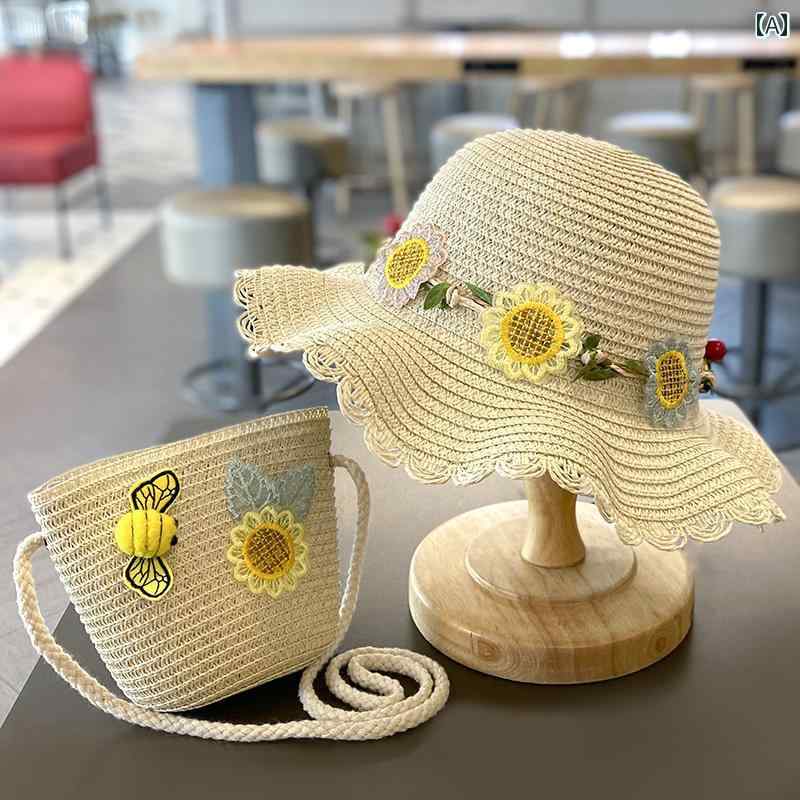 子供用 帽子 麦わら 帽子 夏用 女の子用 麦わら 帽子、 女児用、大きな つばの 日よけ、 日焼け 止め、..