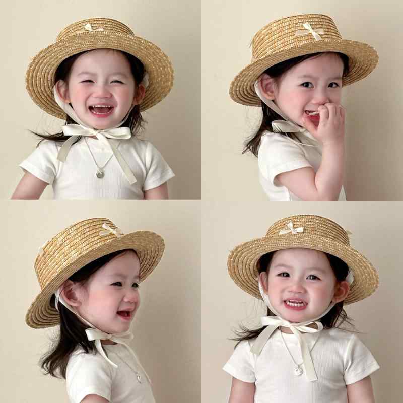 子供用 帽子 麦わら 帽子 子供用 麦わら 帽子、 夏用 リボン 付き 日焼け 防止 ビーチハット、 女の子..