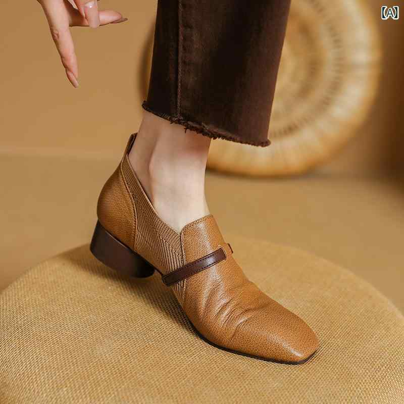 レディースシューズ カジュアル 超 ソフトな 本 革 ニット ミッド ヒールシューズ、 女性用 2024年 春..