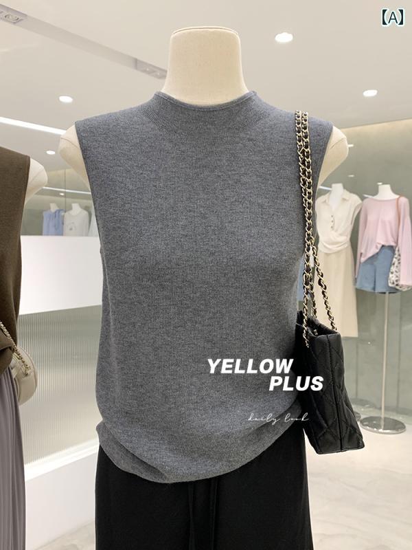 ニットキャミソール ベスト レディース 韓国の 漫画の キャラクター！ 女神 風の 気質の ハーフ タートルネック シンプルな ノースリーブベスト 女性用 スリミングと 美しい ニット トップス