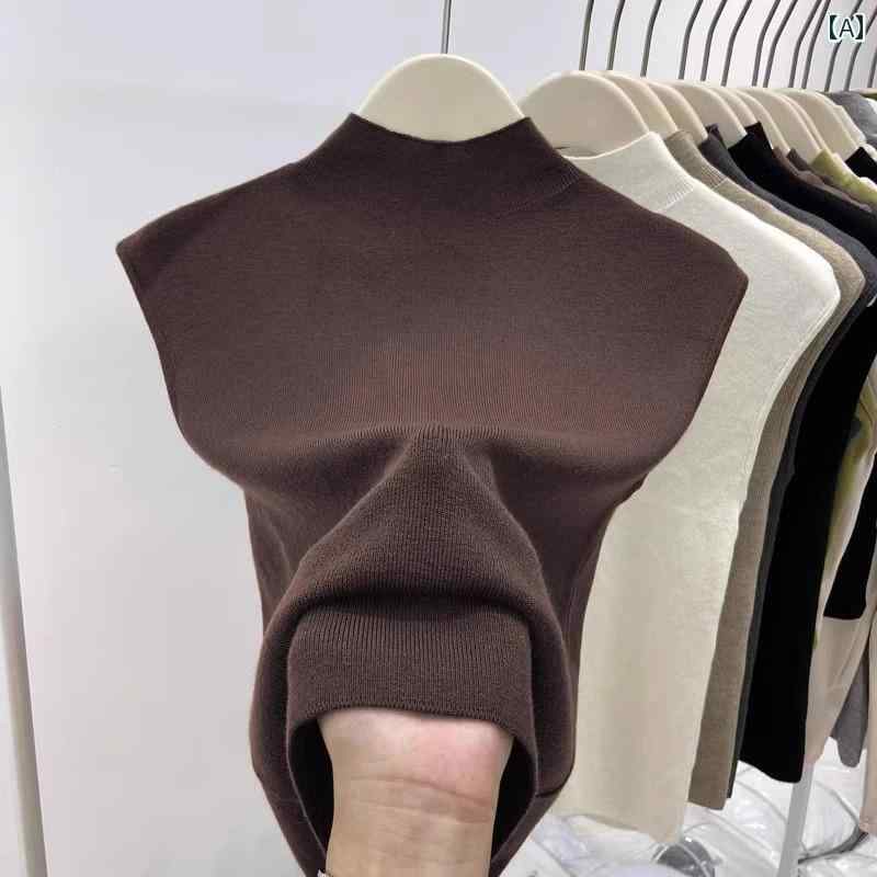 ニットキャミソール ベスト レディース 2025年 夏 ハーフ ハイ カラー ノースリーブ ニットカーディガ..