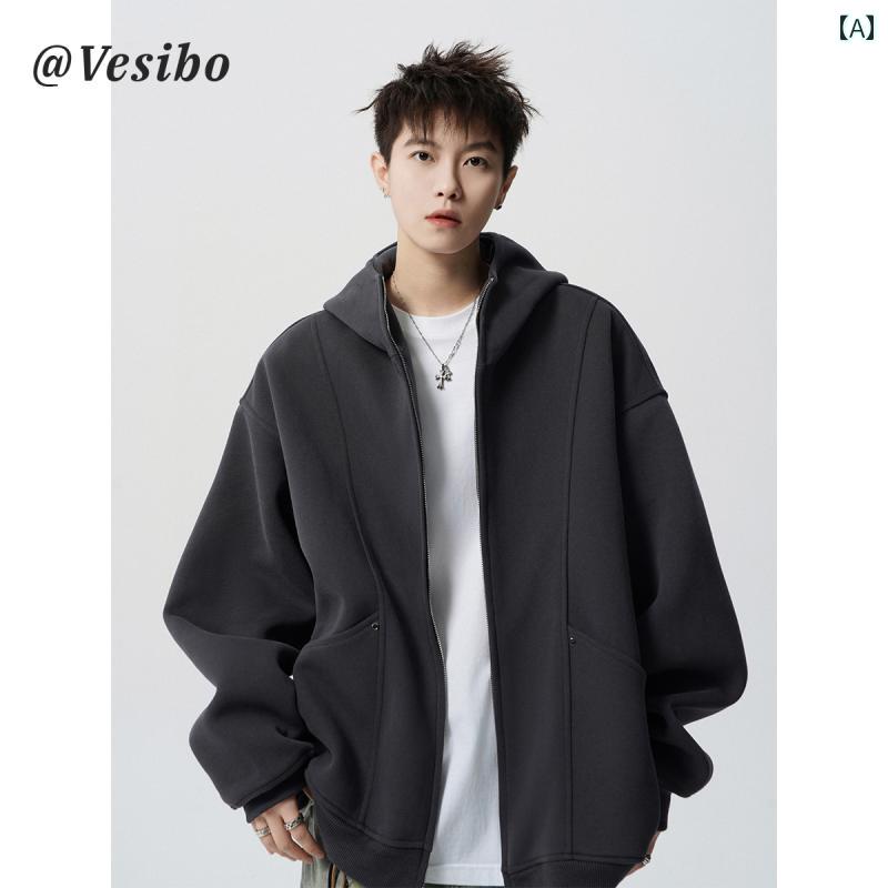 メンズ フード 付き ジッパー 厚手の ダーク グレーの フード 付き ジャケット メンズ 春 アメリカン レイジー 万能 カップル ジャケット トレンド ブランド デザイン セーター カーディガン
