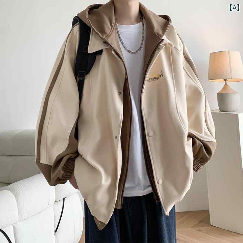 メンズ フード 付き ジッパー フェイク ツーピース 防 風 ジャケット メンズ 春秋 新作 アメリカン ス..