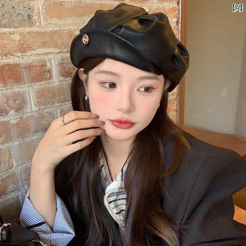 レトロ ベレー 帽 秋と 冬の ファッションの 女性の ための高 品質の 黒 革の ベレー 帽、 プリーツの ..